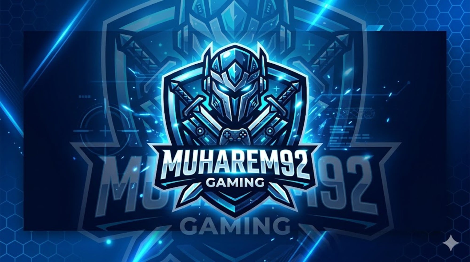 Muharem92 Gaming brand background — cyberpunk esports aesthetic with neon blue glow